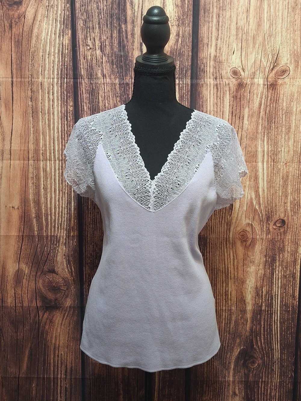 Nicole Miller Pastel Purple Lace-Trim V-Neck Cottagecore Top Size Large